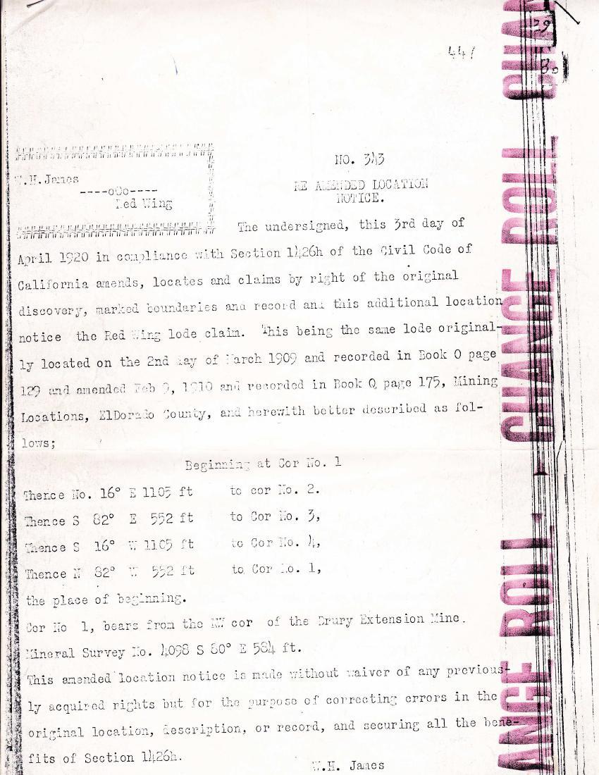 Re-Amended Location Notice for the Red Wing lode claim, filed by W. H. James, April 3, 1920.