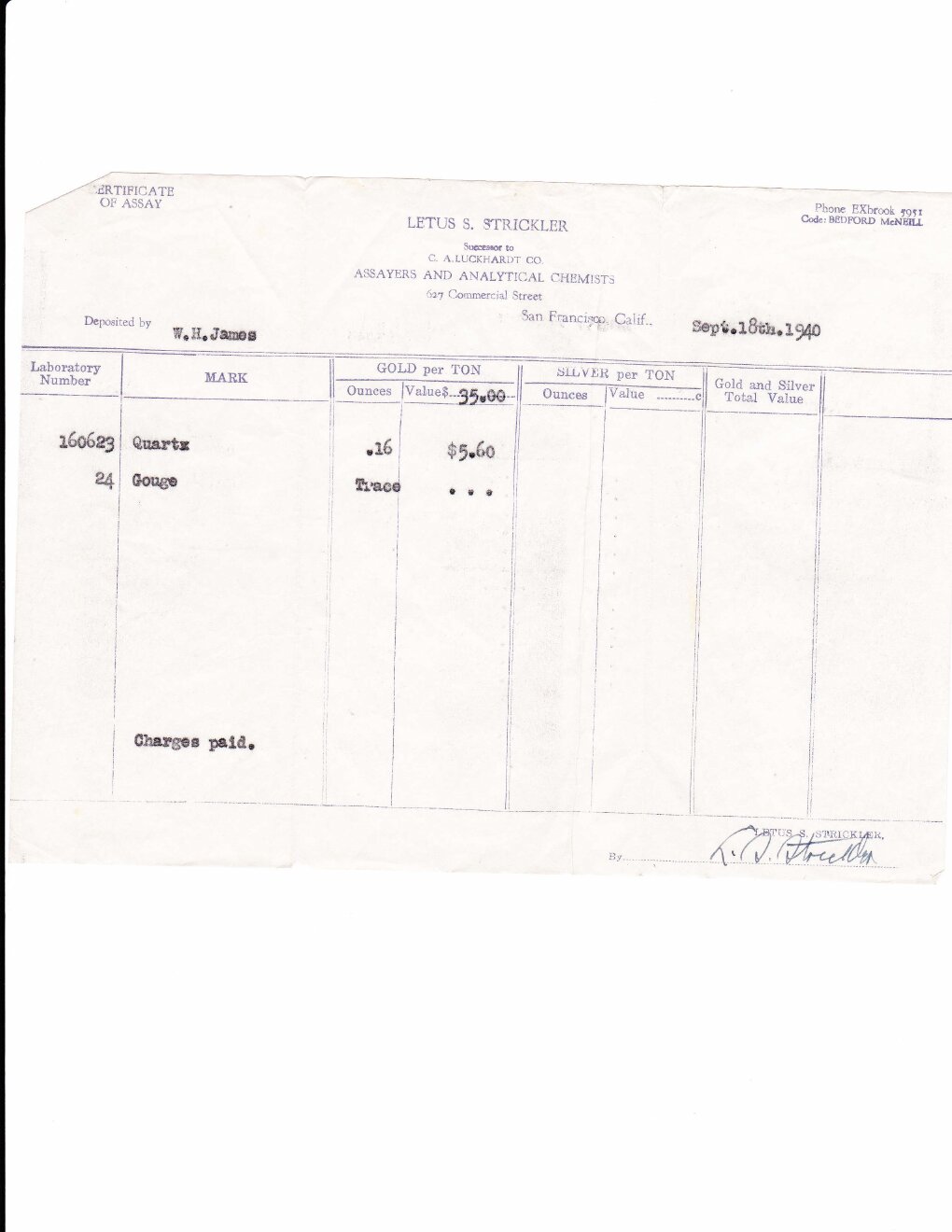1940 assay certificate from Lewis & Wehrlich Smelting and Refining Company, San Francisco. Depositor W. H. James.