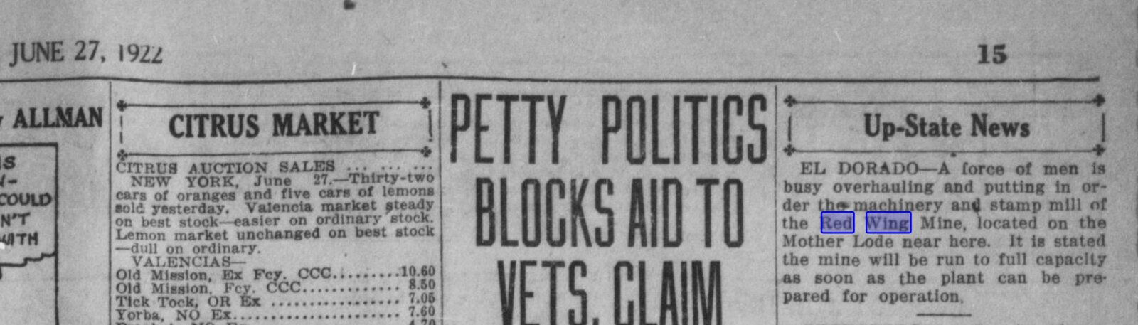 Placerville Mountain Democrat, June 27, 1922, page 15, Up-State News column with the Red Wing item.