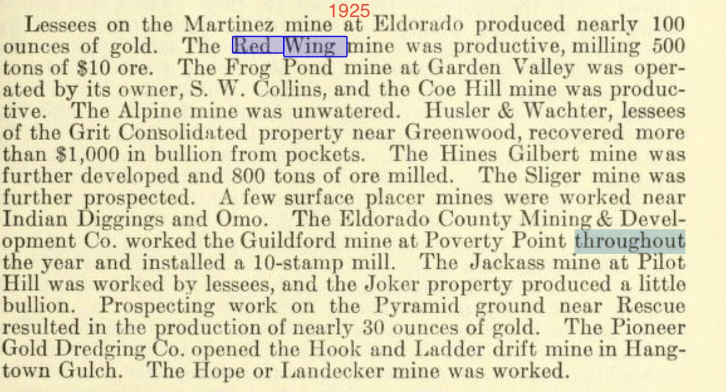 1925 California state mining bureau report excerpt. 'The Red Wing mine was productive, milling 500 tons of $10 ore.'