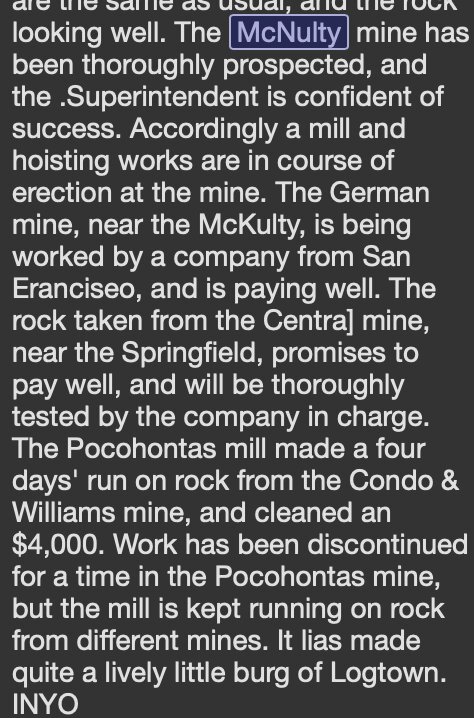 Period newspaper clipping about the McNulty Mine, the neighboring claim along Logtown Ridge.