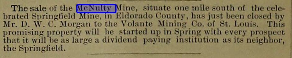 Period newspaper clipping about the McNulty Mine and the Logtown mining community.