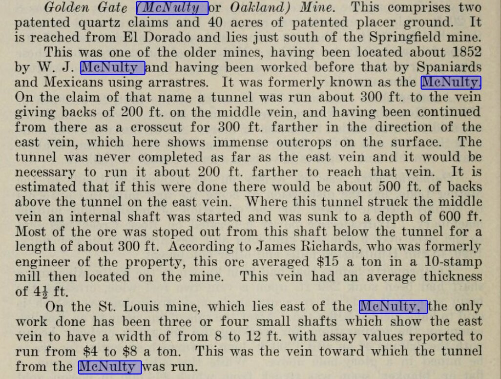 Period newspaper clipping situating the McNulty Mine along the Logtown Ridge mining corridor.