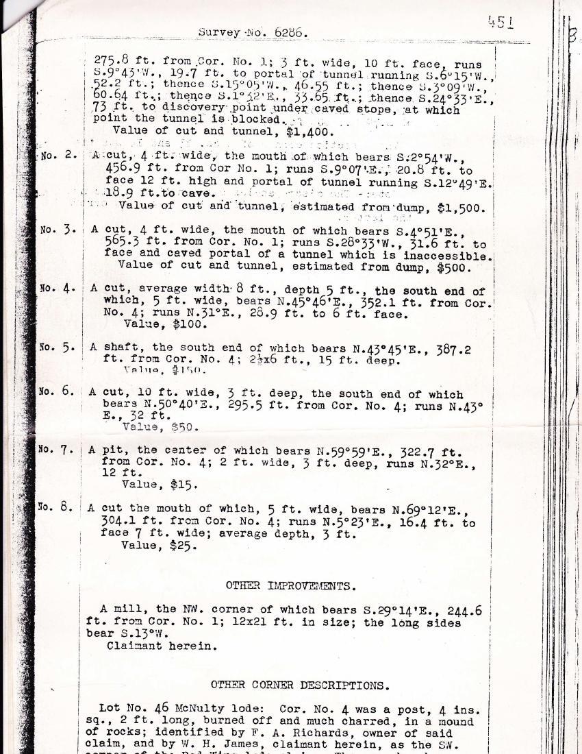 1948 surveyor's field notes for U.S. Mineral Survey 6286, page listing the eight numbered improvements on the property.