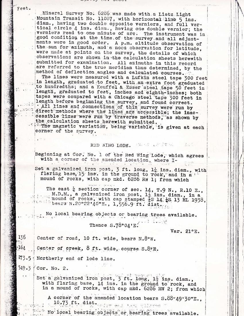 1948 surveyor's field notes for U.S. Mineral Survey 6286, page describing the survey instrument and the corner traverse.