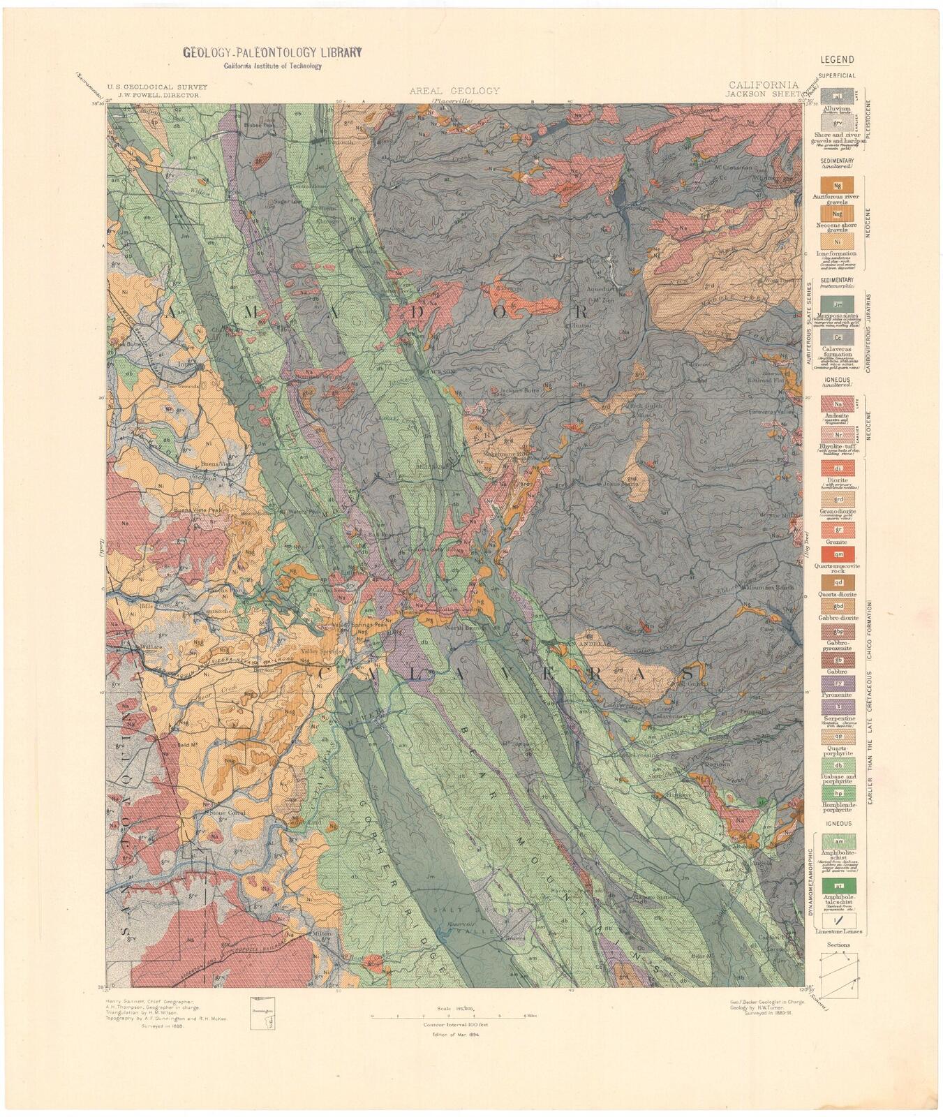 USGS Jackson Folio 1894, Areal Geology plate. Geological map of the Jackson Quadrangle showing rock units in color.