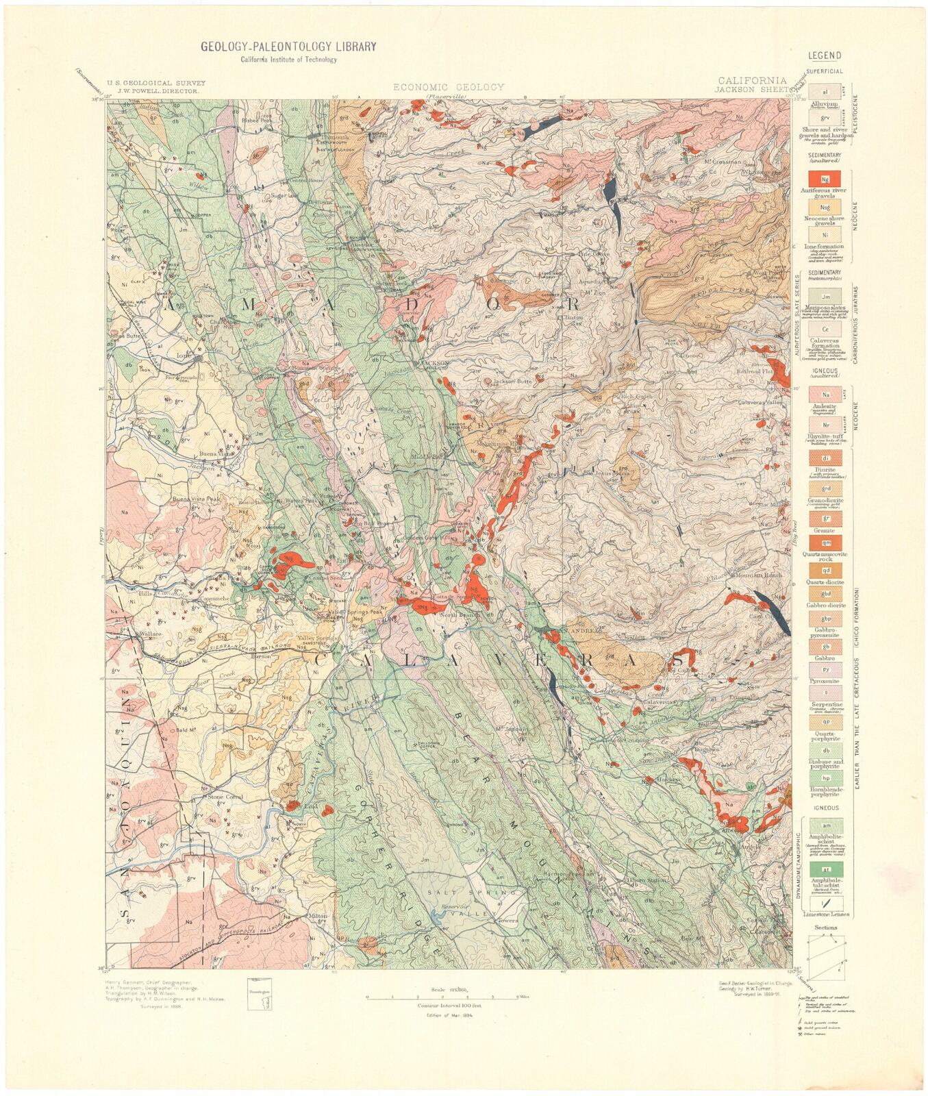 USGS Jackson Folio 1894, Economic Geology plate. Mines and ore deposits mapped on the quadrangle.