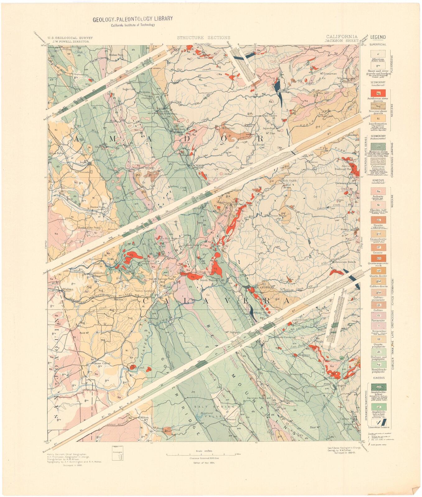 USGS Jackson Folio 1894, Structural Geology plate. Cross-sections through the quadrangle.