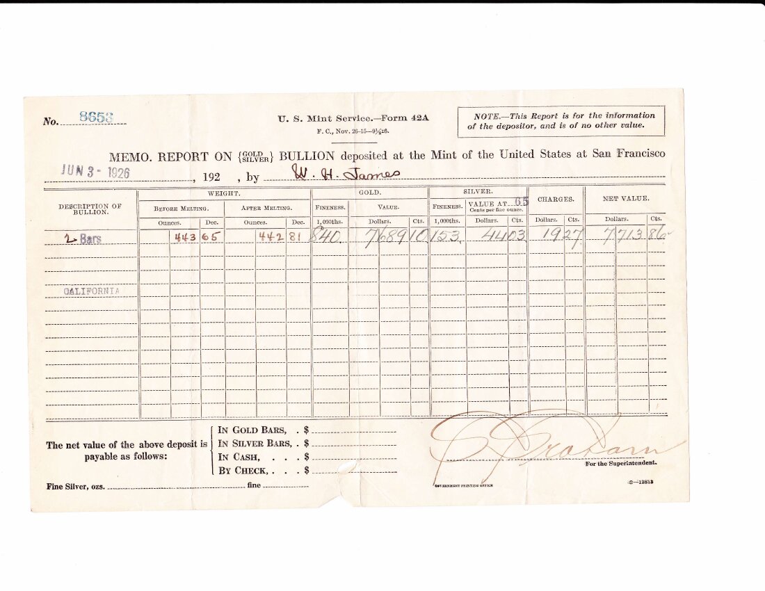 Mint Receipt 2, August 1926, Form 42A.