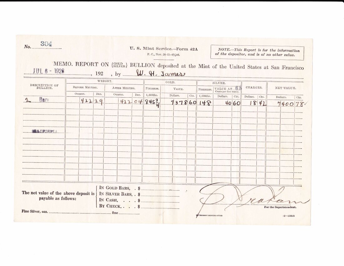 Mint Receipt 3, December 1926, Form 42A.