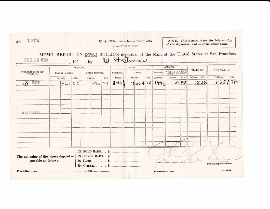 Mint Receipt 4, April 1927, Form 42A.