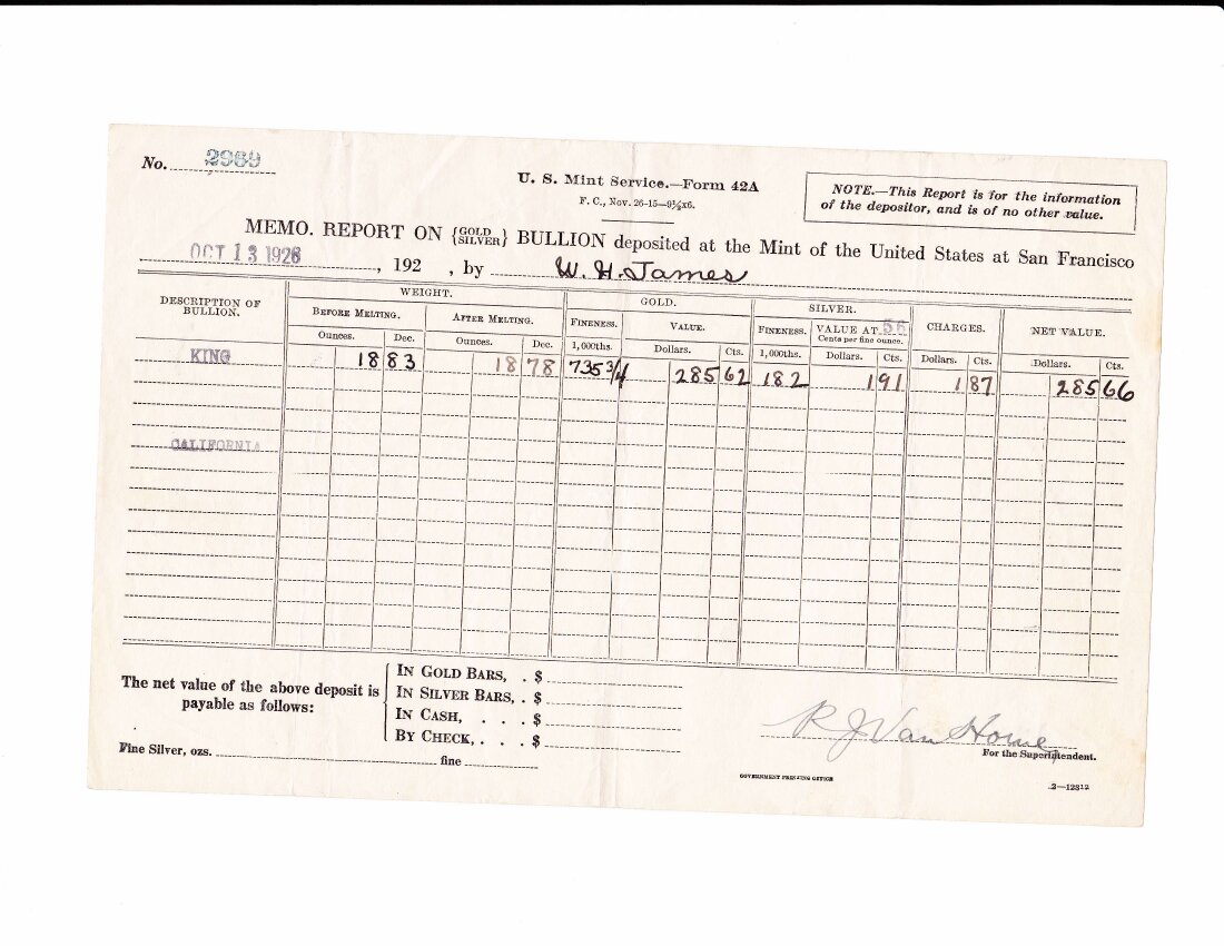 Mint Receipt 6, September 1927, Form 42A.