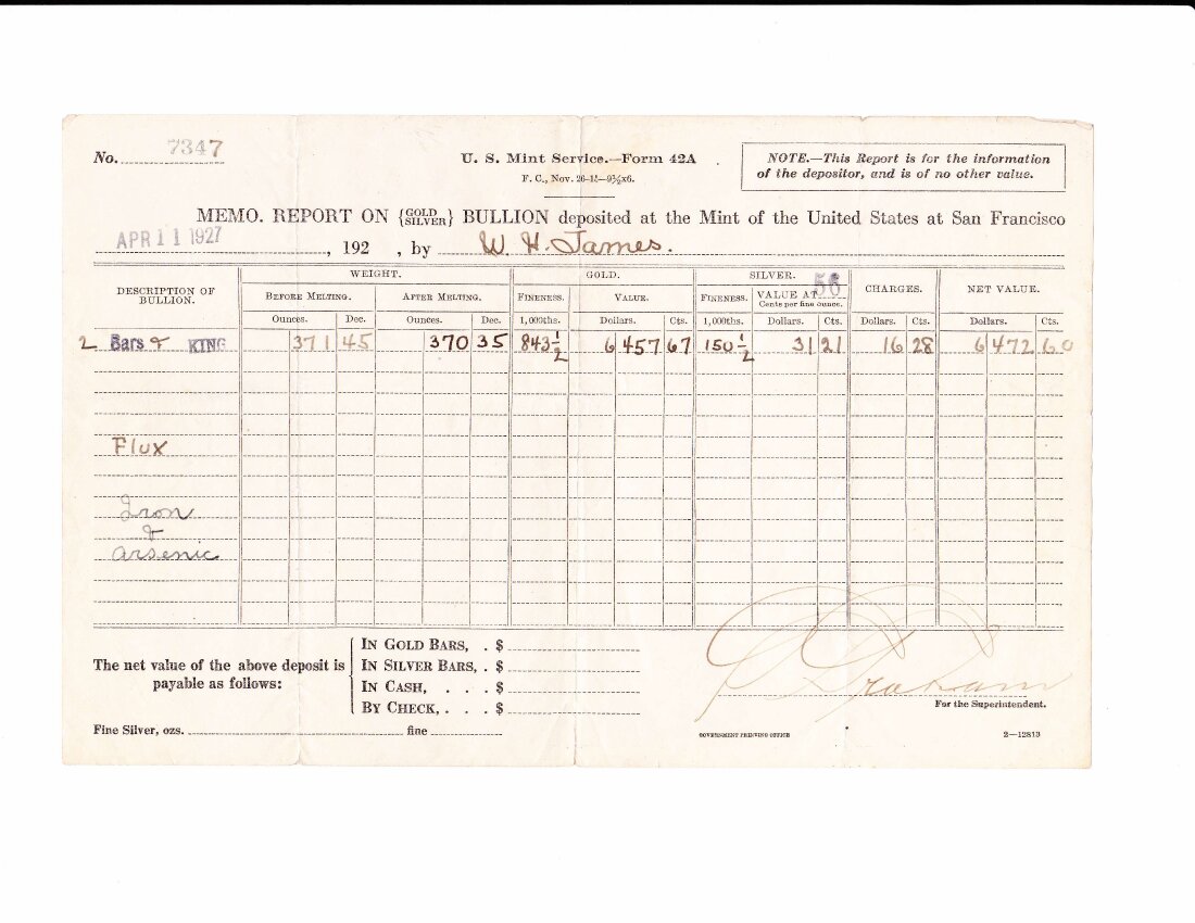 Mint Receipt 8, November 1927, Form 42A.