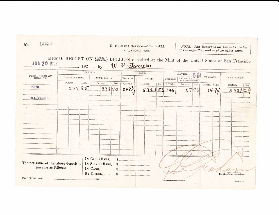 Mint Receipt 9, May 1928, Form 42A.