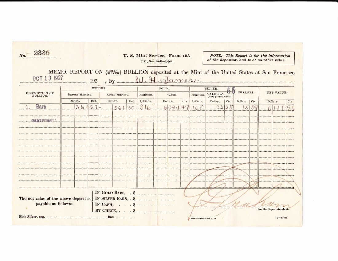 Mint Receipt 11, July 1928, Form 42A.