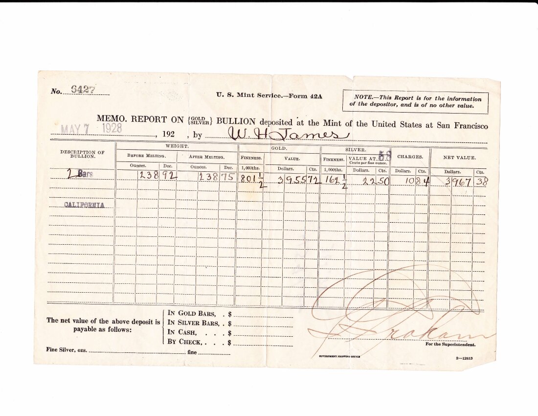 Mint Receipt 13, October 1928, Form 42A.