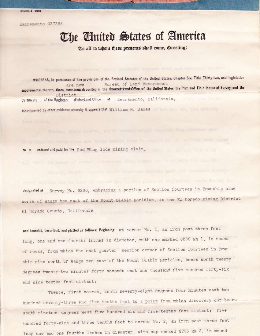 Federal patent text, page 1, for U.S. Mineral Survey 6286.