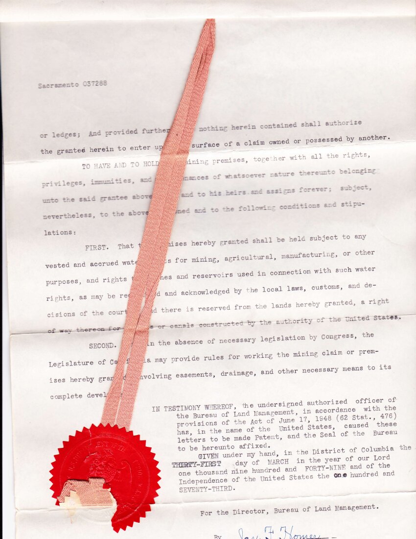 Federal patent final page with United States seal and stamped wax.