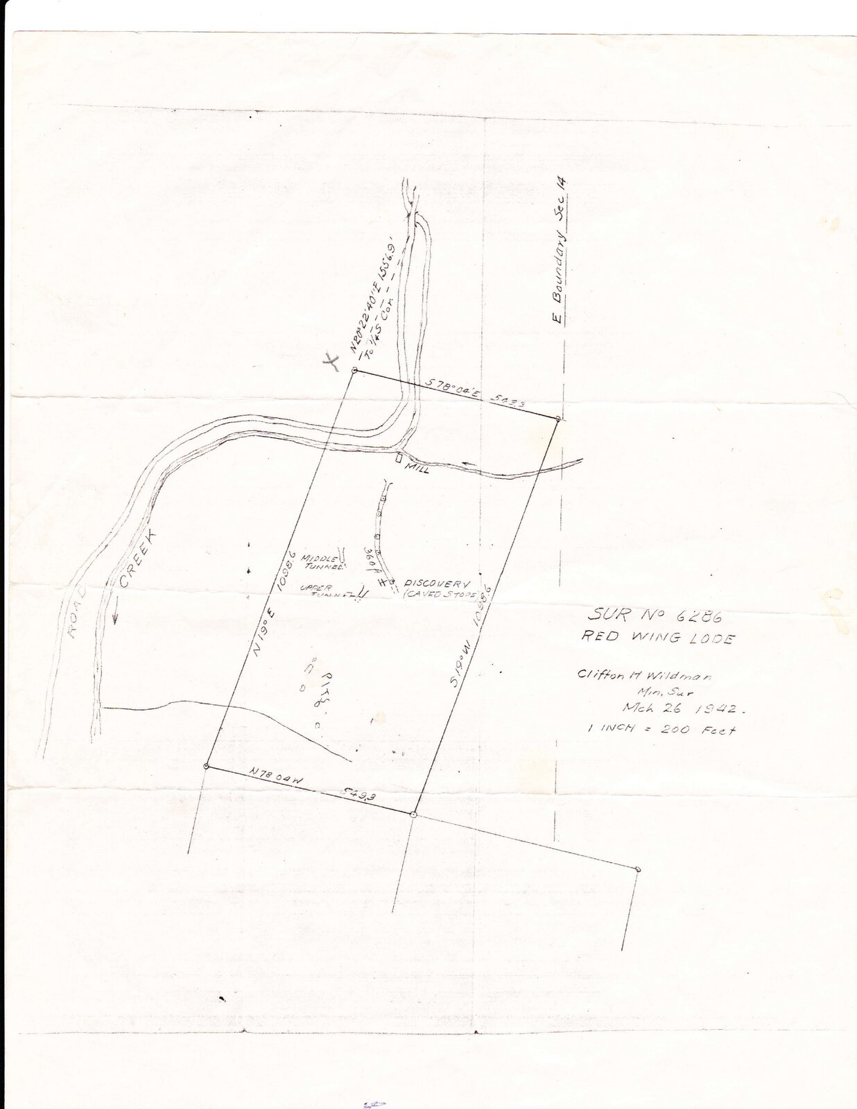 Hand-drawn 1948 surveyor's plat of U.S. Mineral Survey 6286, Red Wing Lode.