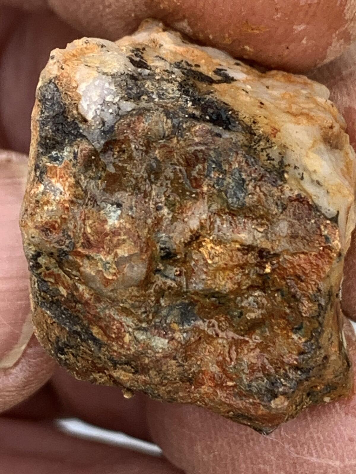 Hand-sized piece of iron-stained quartz held against a finger, with bright gold flecks visible across the central and right portions of the specimen.