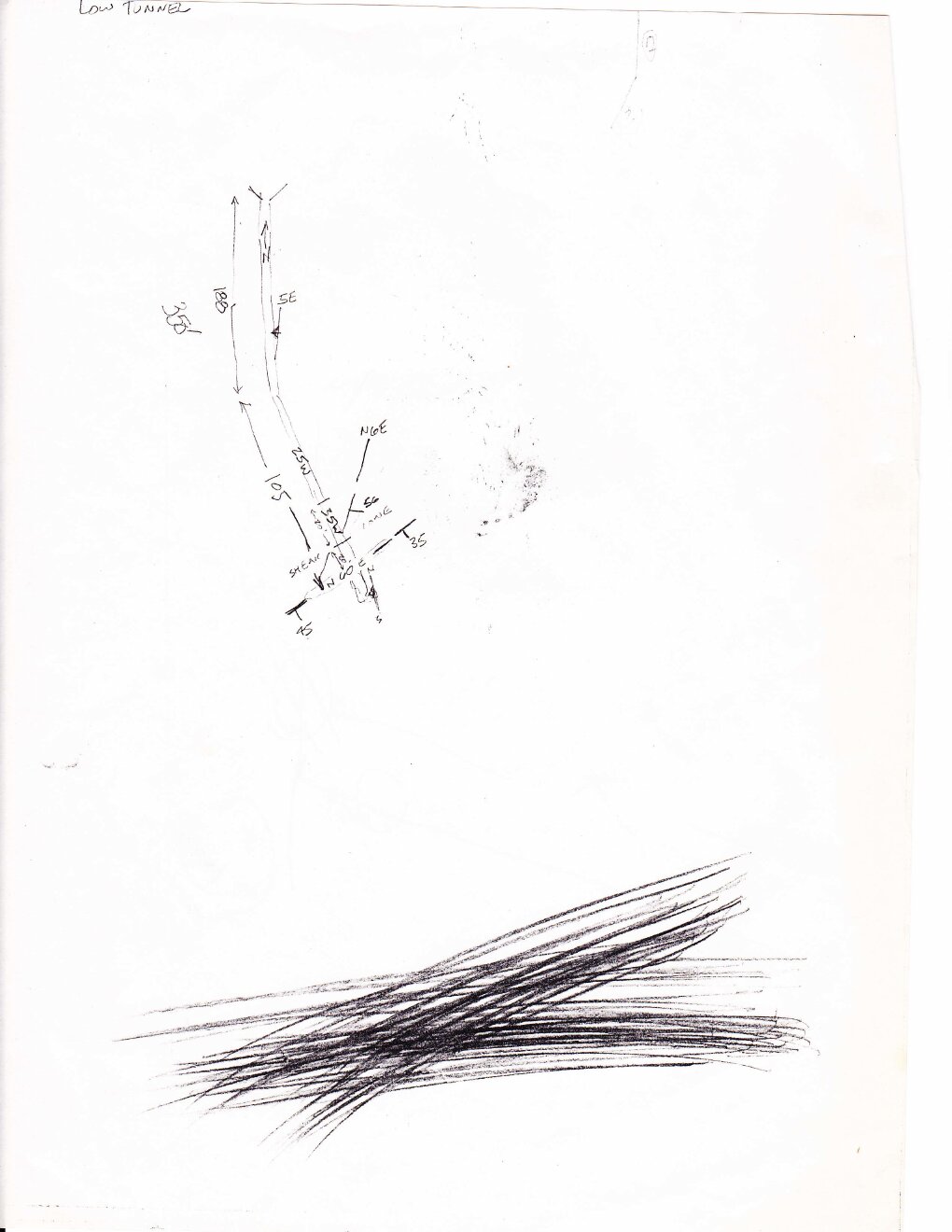 Hand-drawn workings map of the Lower Tunnel, 1983, with sample-location arrows and assay values.