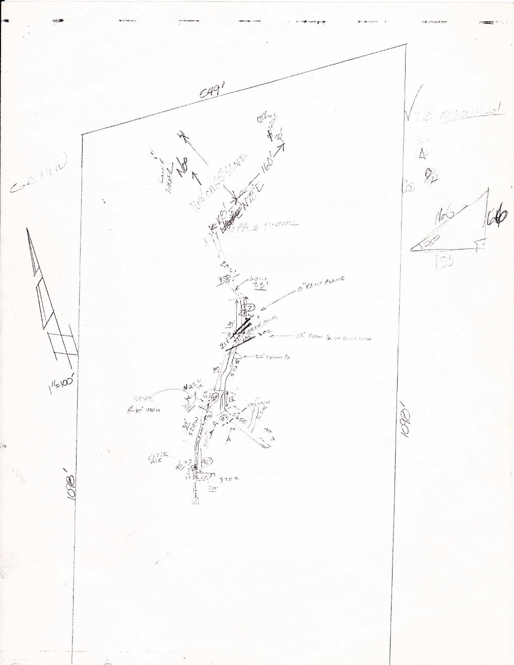 George Wheeldon's 1983 hand-drawn map of the Red Wing workings with assay values penciled along the vein.