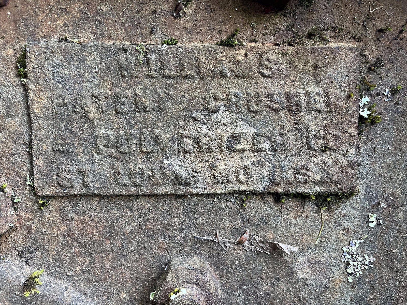 The cast-iron maker's plate on the hammer mill, reading 'WILLIAMS PATENT CRUSHER & PULVERIZER CO, ST. LOUIS, MO. U.S.A.,' partly covered with moss and lichen.