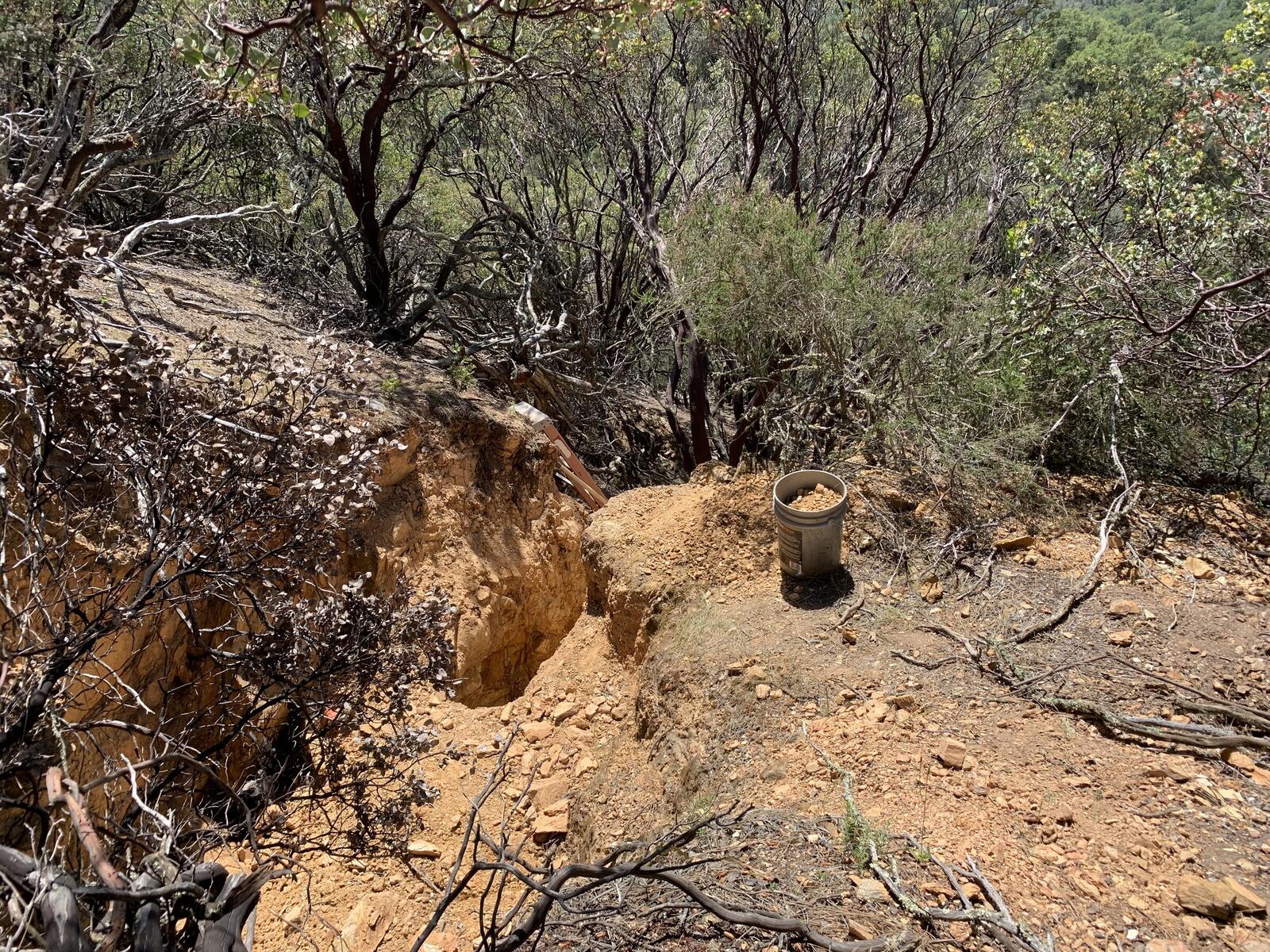 A surface trench cut into the hillside at the Red Wing, with a five-gallon bucket of ore sitting on the edge and brush around the rim.